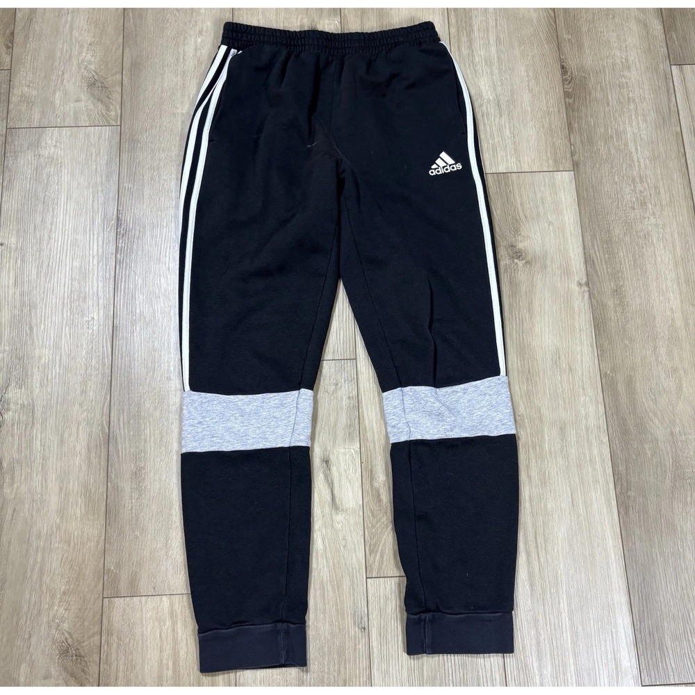 Adidas Joggers Mens Medium Black Drawstring Knit Workout Big Spell Out Logo - Picture 1 of 8